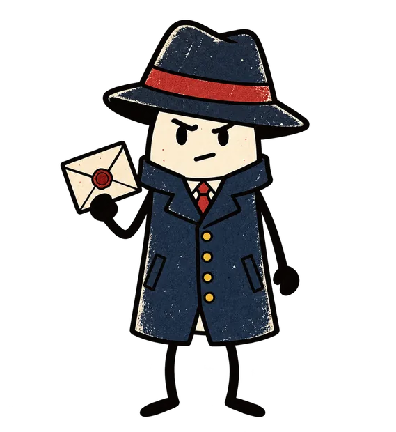 The detective, a cartoon character in a fedora holding a sealed envelope.