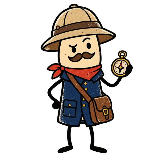 The explorer, a cartoon character in a pith helmet holding a compass.