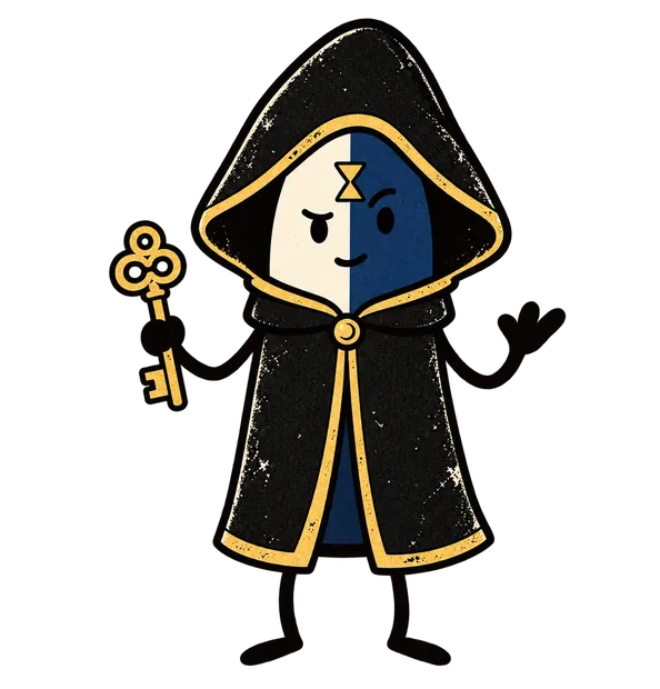 The mystic, a cartoon character in a black hooded cloak holding a golden key.