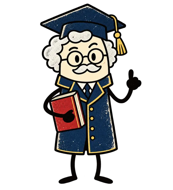The professor, a cartoon character in a graduation cap holding a red book.