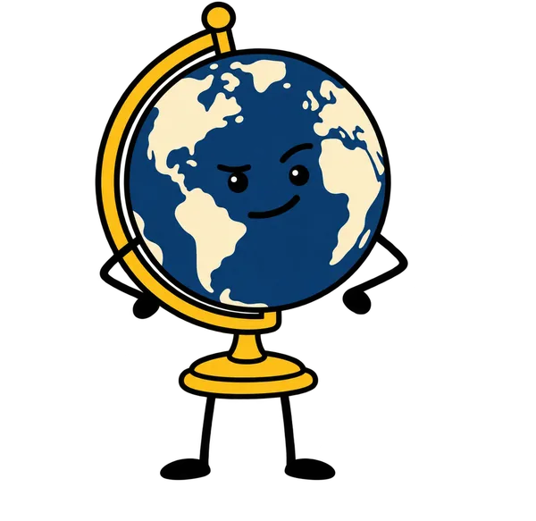 A cartoon globe with a face and a gold stand.