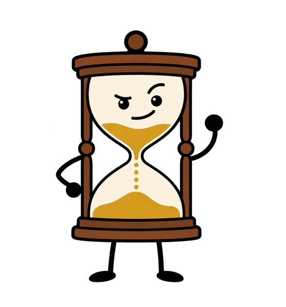 A cartoon hourglass with a face and gold sand.