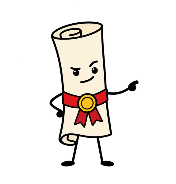 A cartoon scroll with a face and a red ribbon.