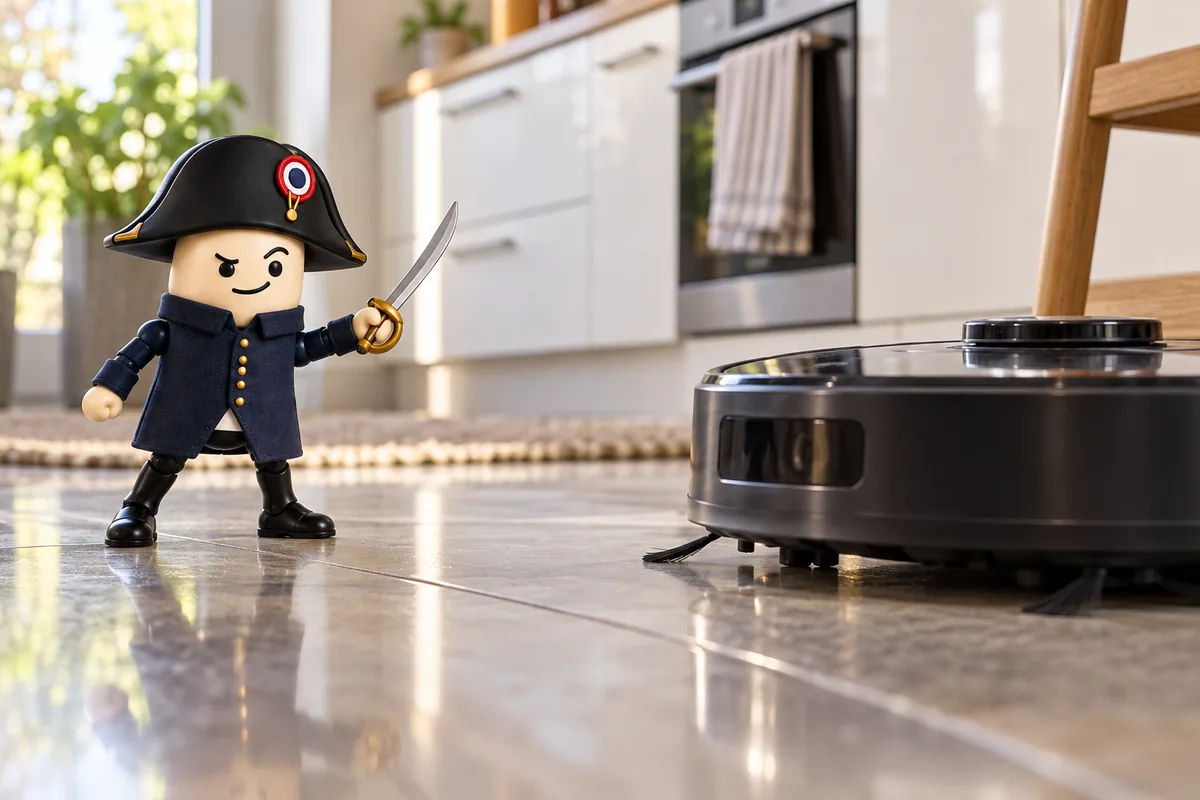 A toy Napoleon figure with a raised sabre facing a robot vacuum cleaner on a kitchen floor.