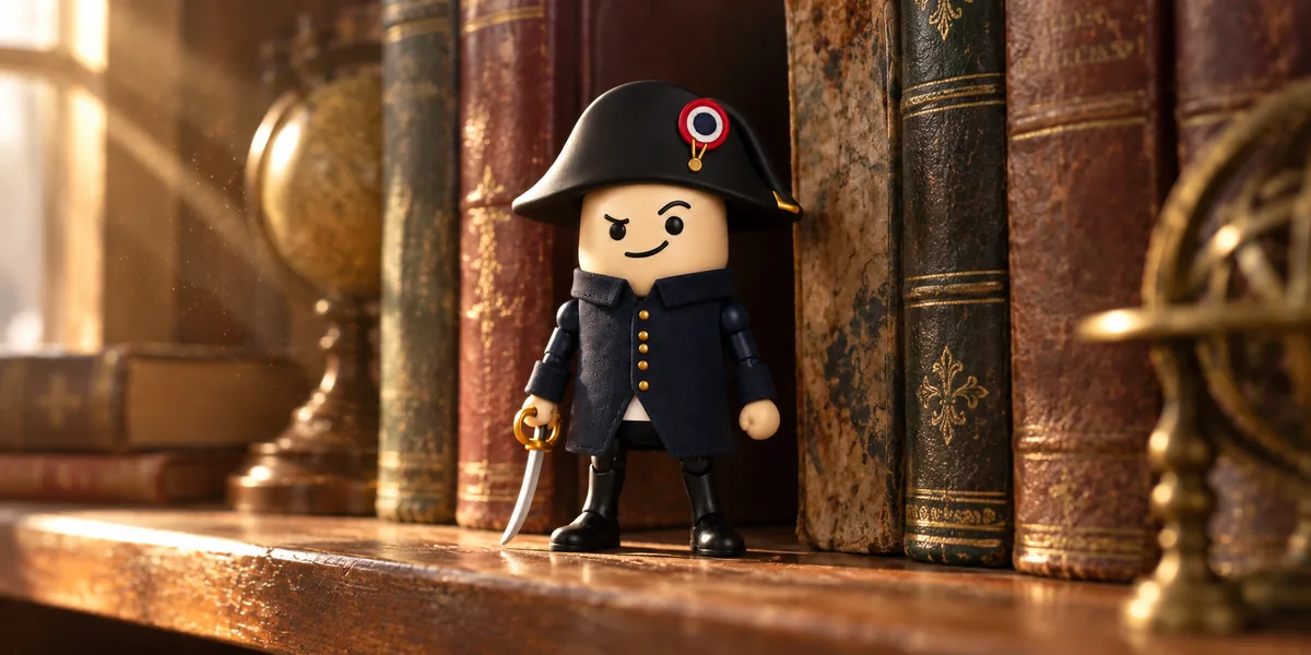 A toy Napoleon figure standing on a library shelf between old leather books, in a beam of sunlight.