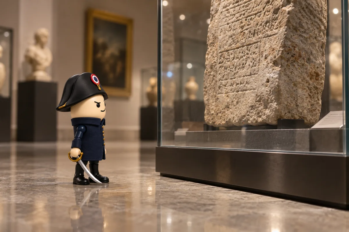 A toy Napoleon figure on a museum floor looking up at an ancient stone tablet in a glass case.