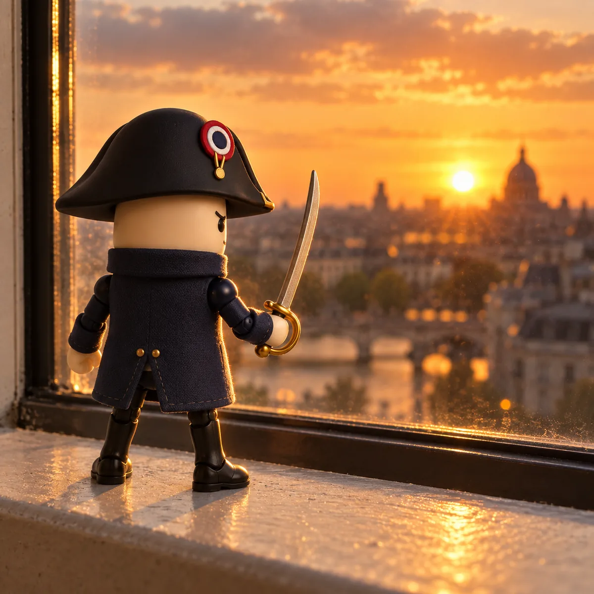 A toy Napoleon figure on a windowsill, seen from behind, watching the sun set over a city.
