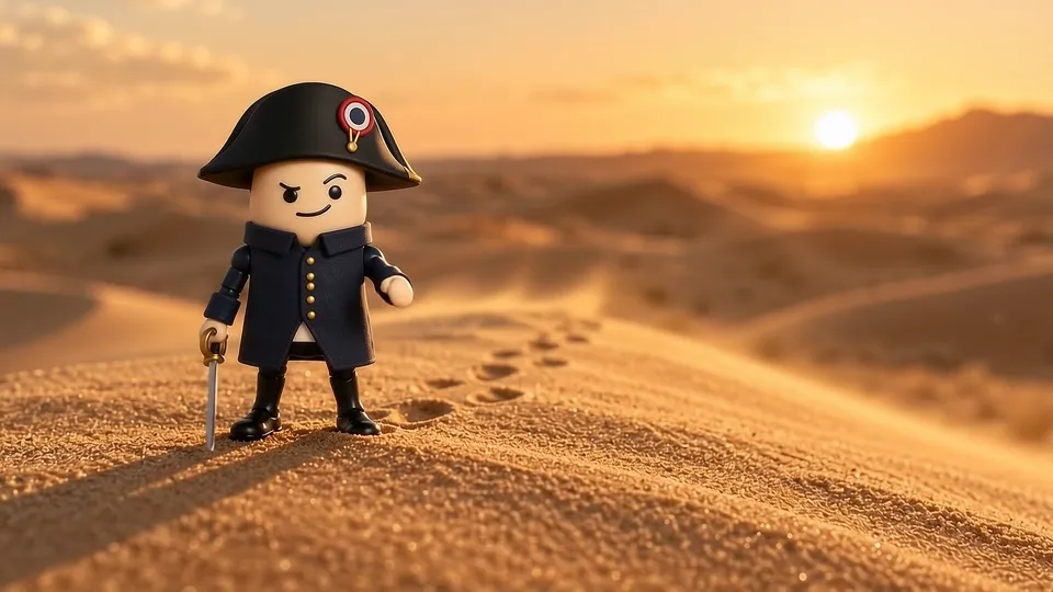 Toy Napoleon standing in desert sand.